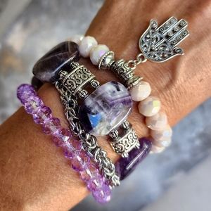 Genuine Amethyst Bracelet  Diamond Cut European Crystals Jewelry Set of 4